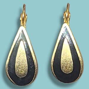 Vintage‎ Gold Black Enamel Teardrop Earrings 80s Modernist Made in USA